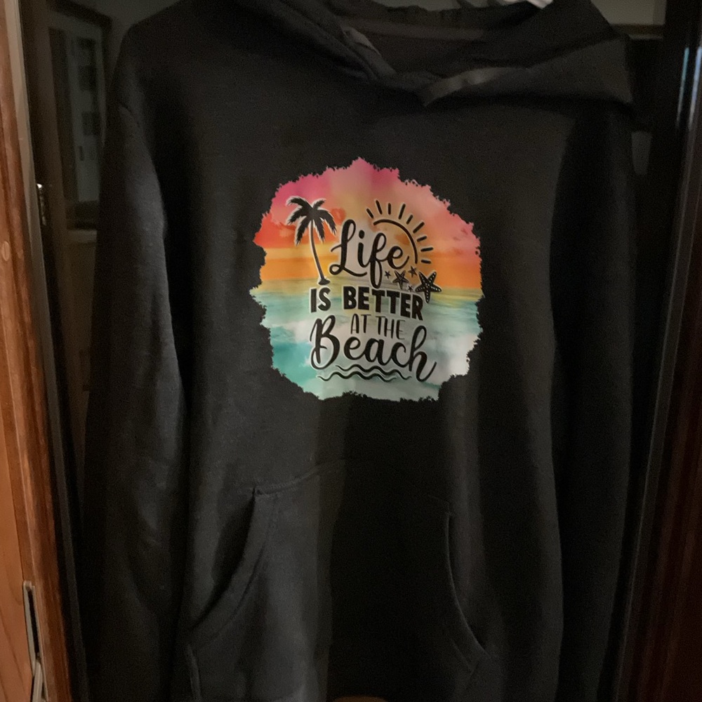 Black Hoodie with Beach Graphic
